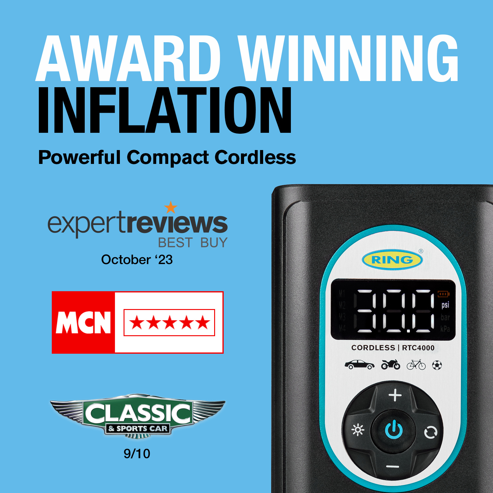 Ring Automotive RTC4000 Cordless Rechargeable Tyre Inflator