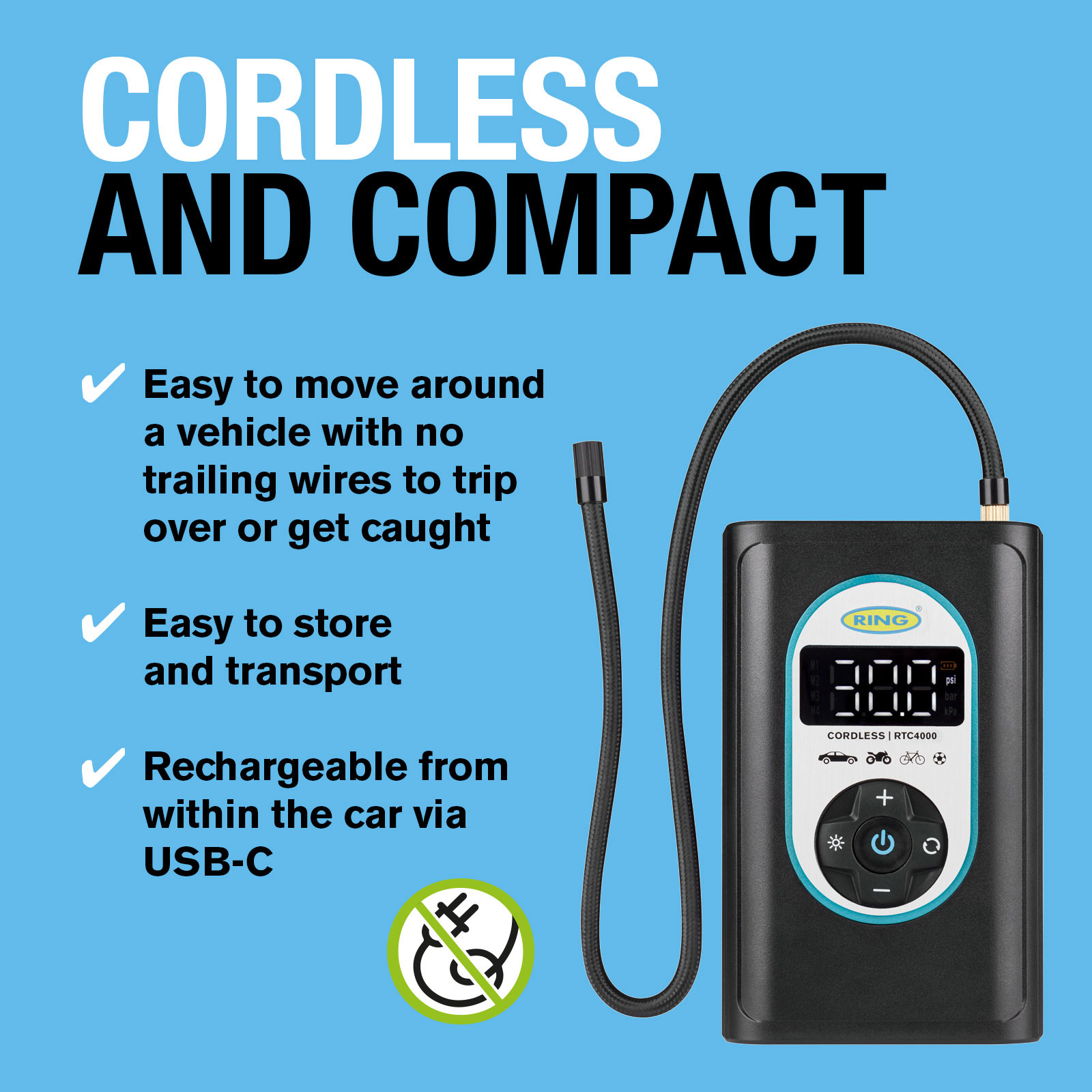 Ring Automotive - RTC4000 - Cordless Rechargeable Tyre Inflator