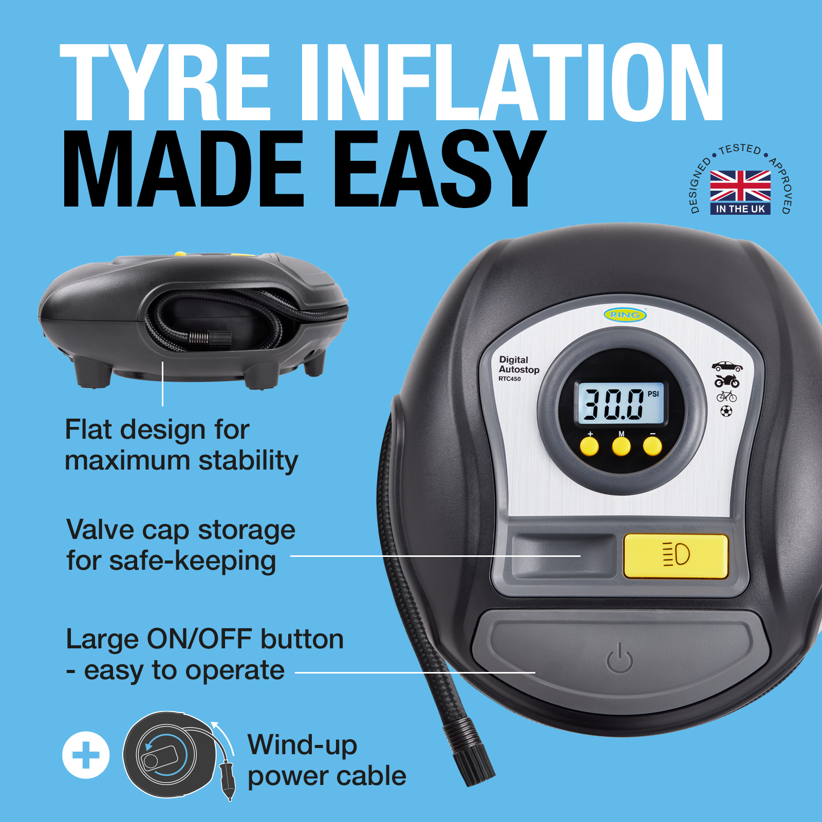 Ring RTC450 Digital Tyre Inflator with LED light 12V DC